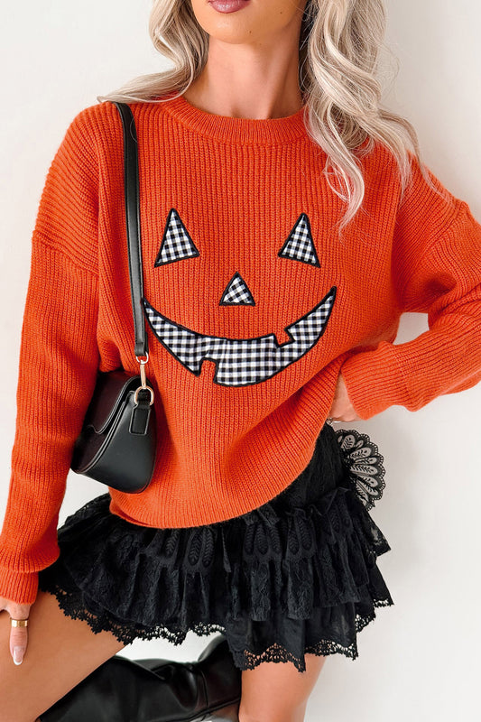 Orange Jack-O-Lantern Halloween Drop Shoulder Knit Sweater
