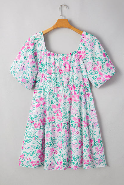Easter Floral Square Neck Plus Size Mini Dress