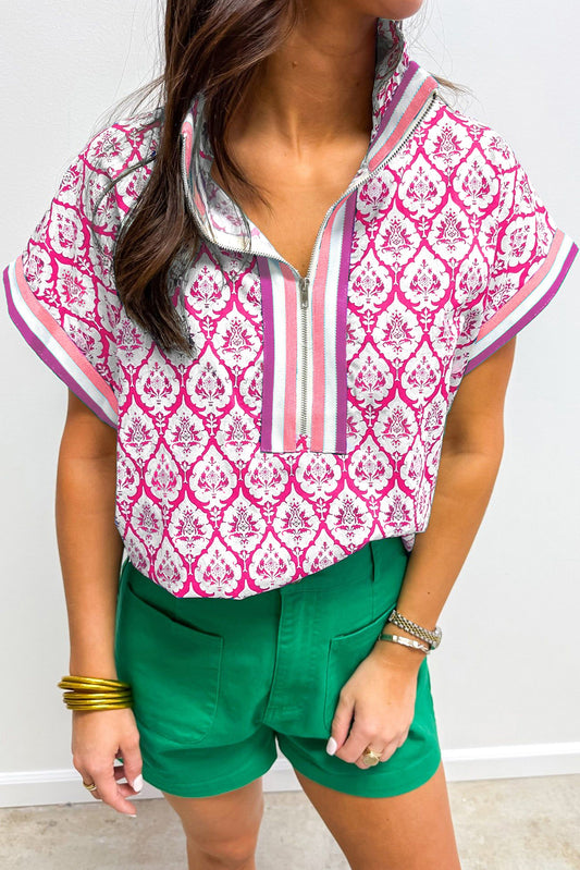 Boho Print Blouse Women Zip Neck Short Sleeve Top