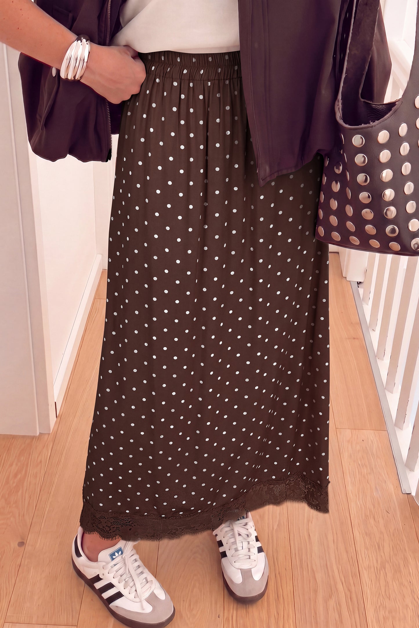 Khaki Polka Dot Lace Hem Elegant Long Shift Skirt
