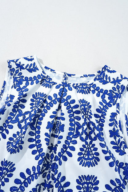 Blue White Vintage Print Pintuck Sleeveless Tank Top