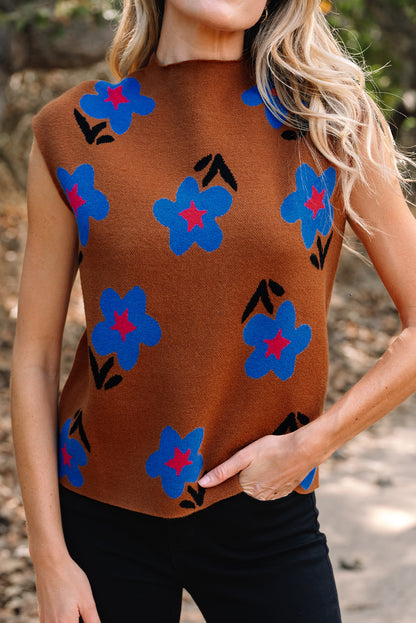 Women’s Chestnut Floral Knit High Neck Sleeveless Vest