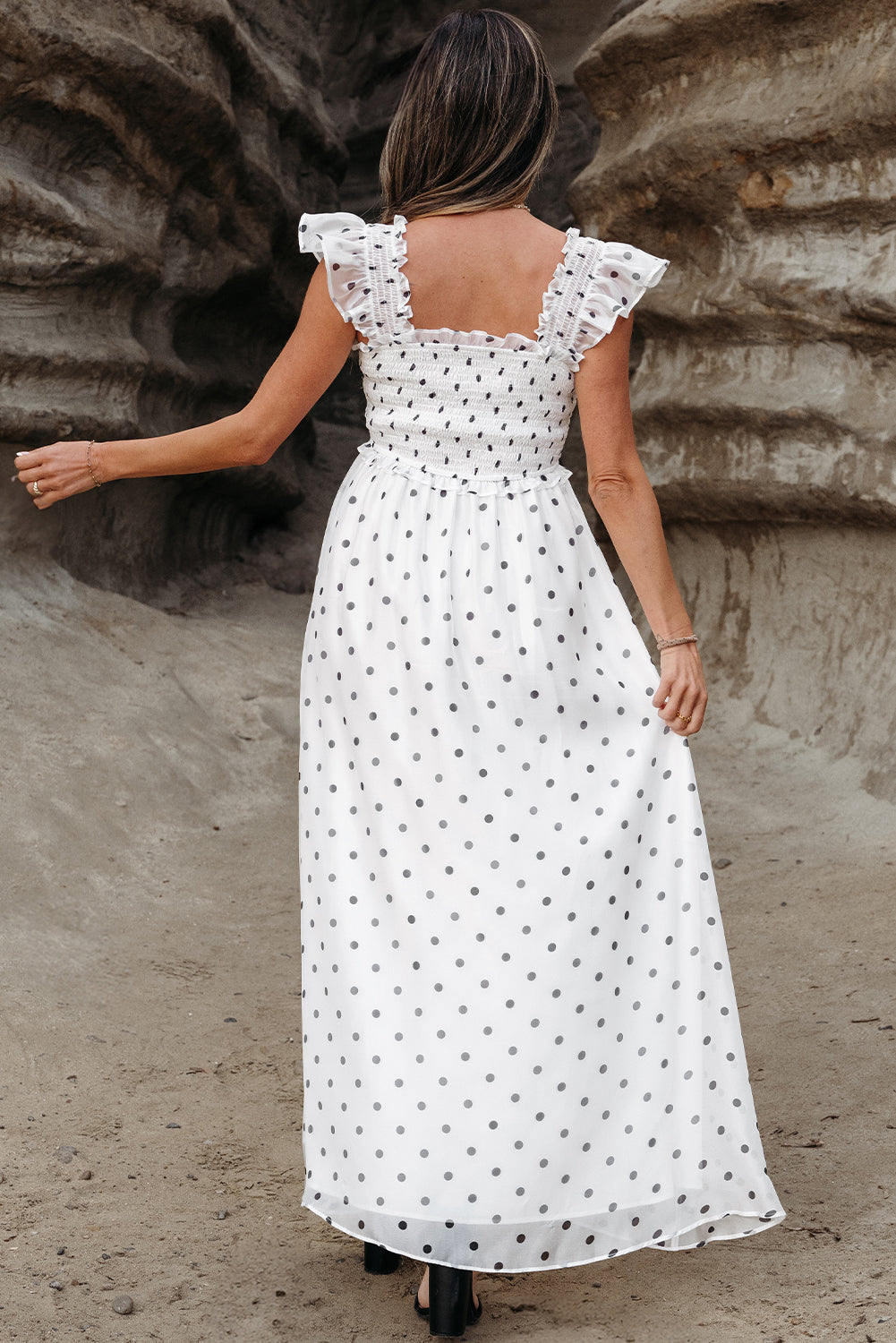 White Polka Dot Smocked Square Neck Flutter Maxi Dress