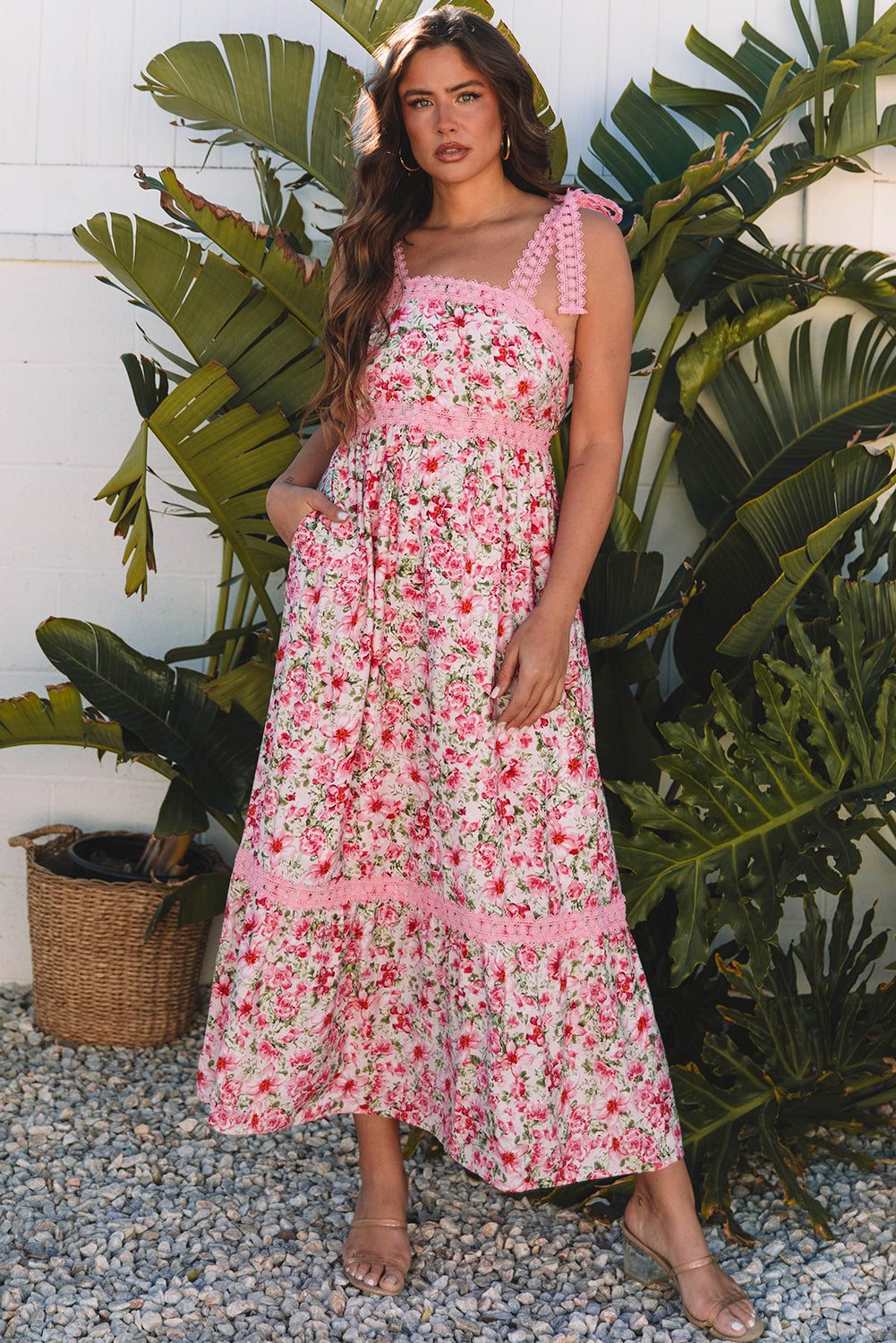Pink Floral Lace Strap Empire Waist Maxi Dress