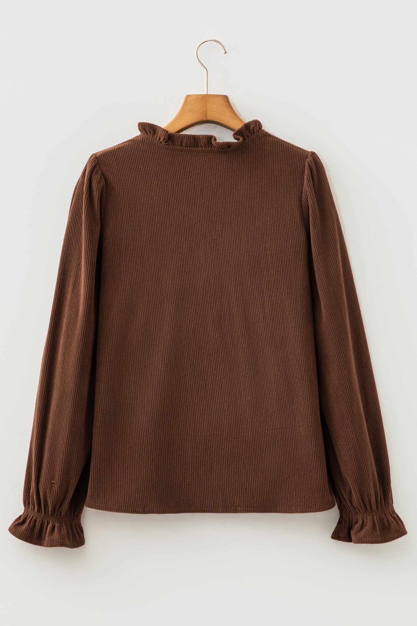 Coffee Corduroy Ruffle V Neck Button Shacket