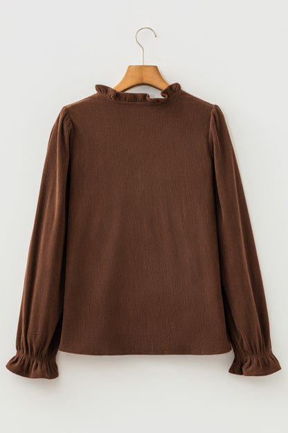 Coffee Corduroy Ruffle V Neck Button Shacket