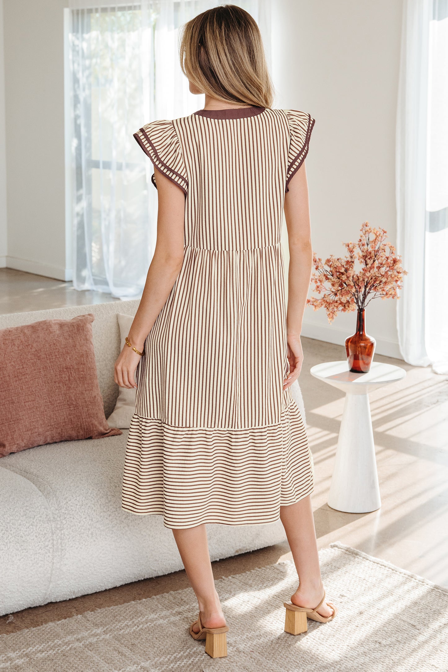 Black Stripe Ruffle Sleeve Contrast Trim V Neck Midi Dress
