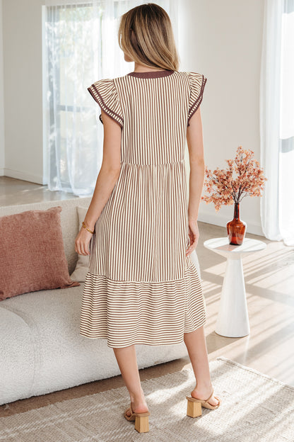 Black Stripe Ruffle Sleeve Contrast Trim V Neck Midi Dress