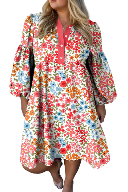 Khaki Plus Size Button V Neck Leopard Print Puff Sleeve Loose Mini Dress