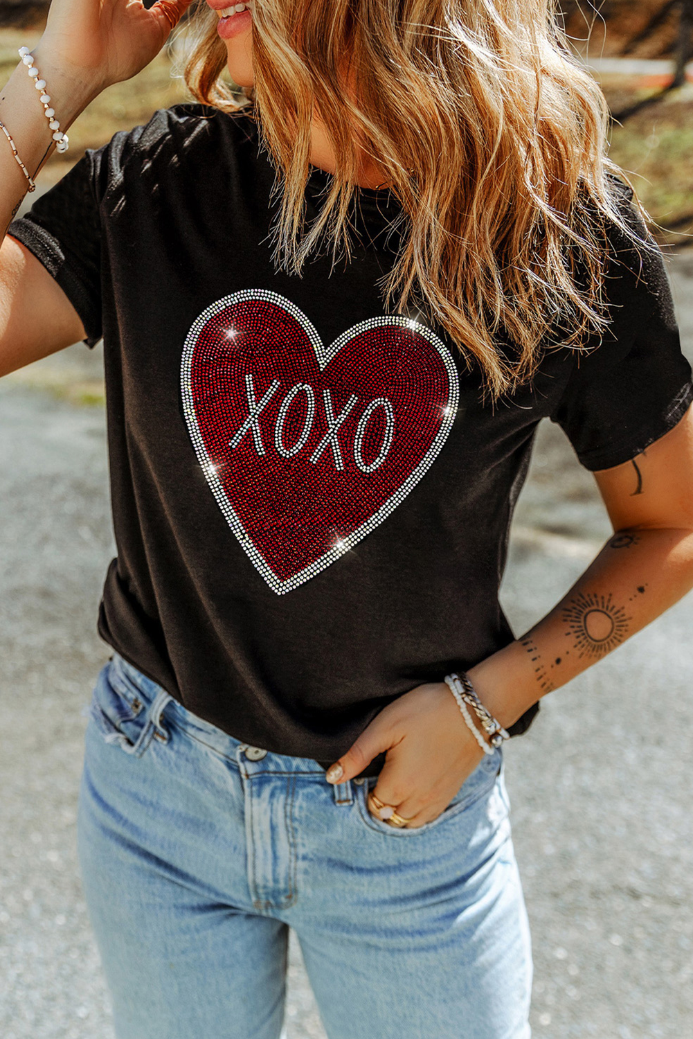 Valentine’s Day Black Rhinestone XOXO Heart Graphic Tee