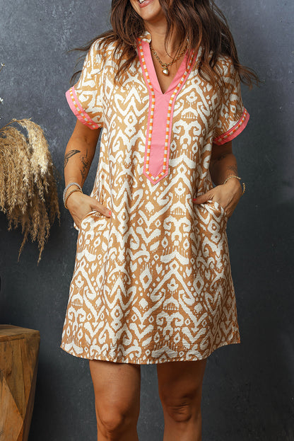 Boho Ikat Print V Neck Shift Dress Summer Mini Dress