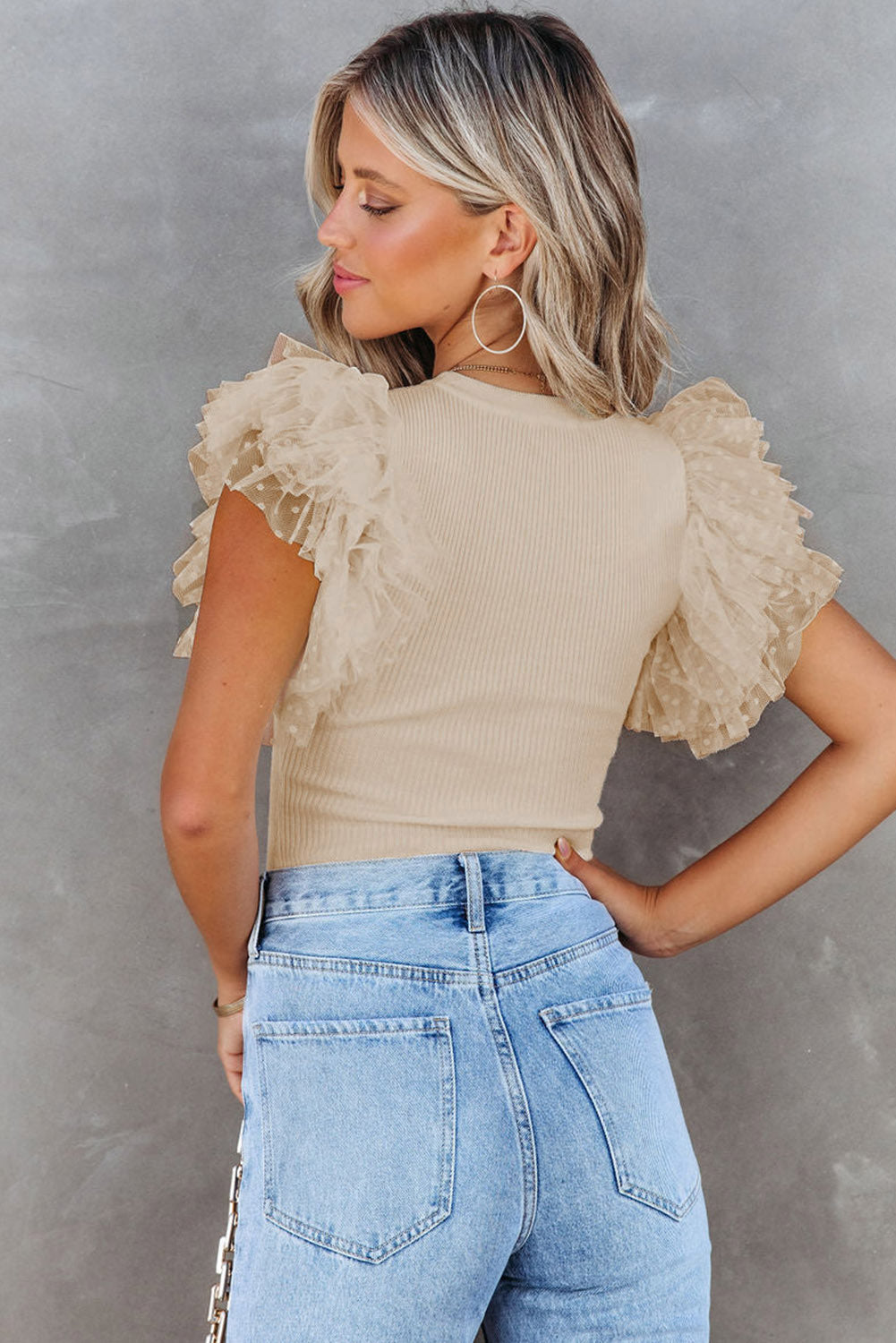 White Polka Dot Mesh Ruffle Sleeve Ribbed Knit Top