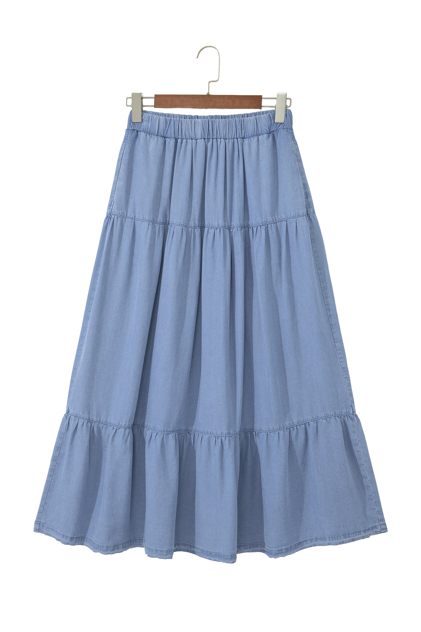 Blue Tiered Denim Maxi Skirt Elastic Waist Casual Summer