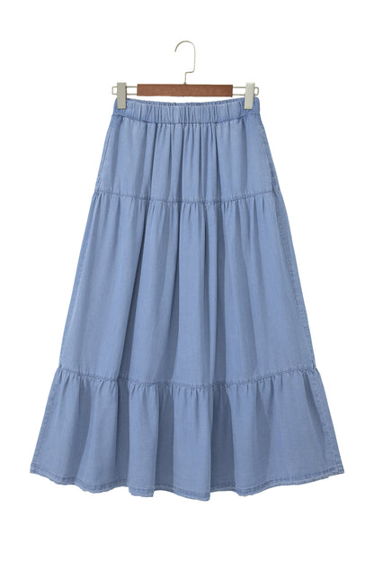 Blue Tiered Denim Maxi Skirt Elastic Waist Casual Summer