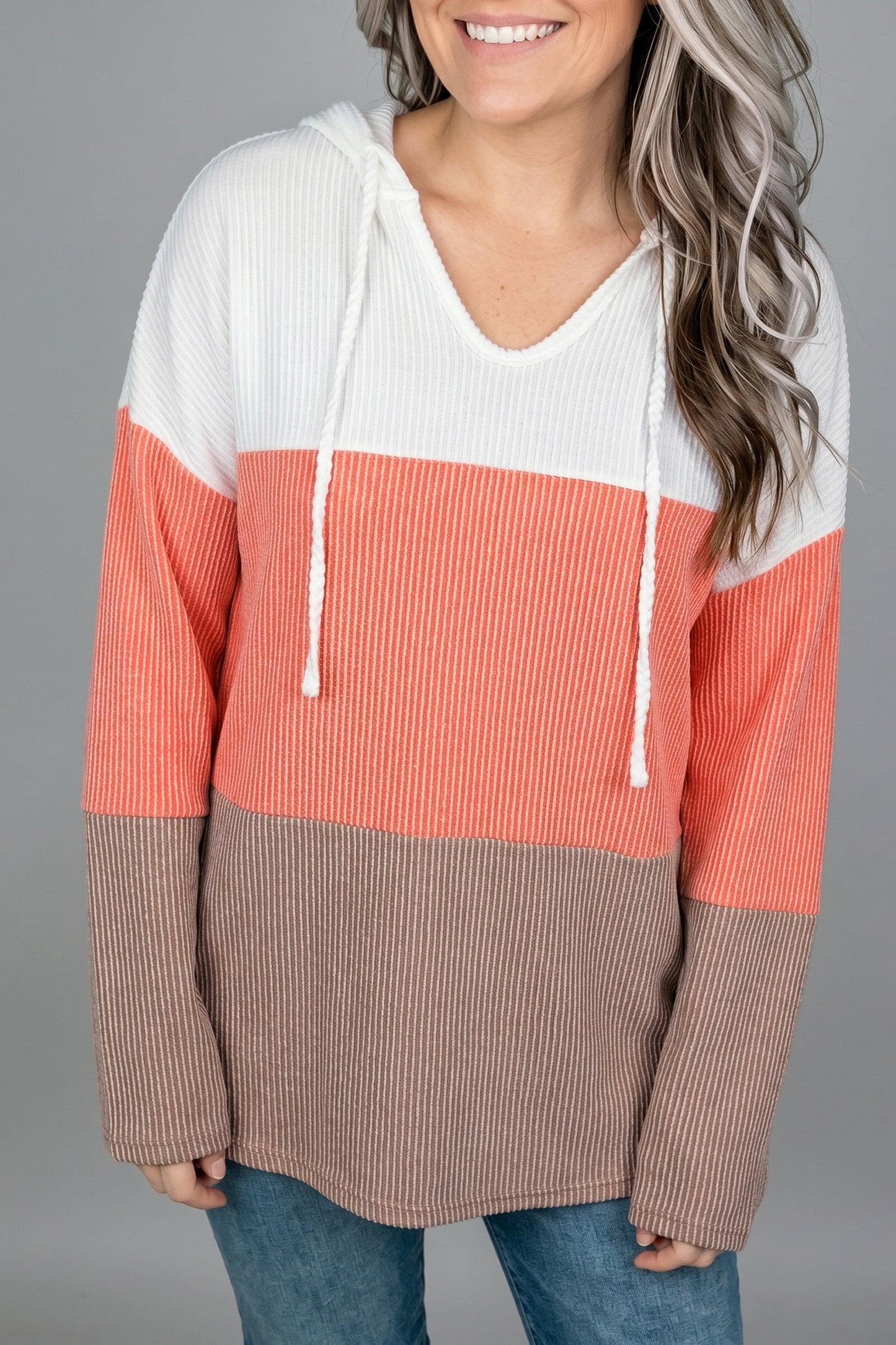 Gold Flame Ribbed Color Block Hooded Long Sleeve Casual Top