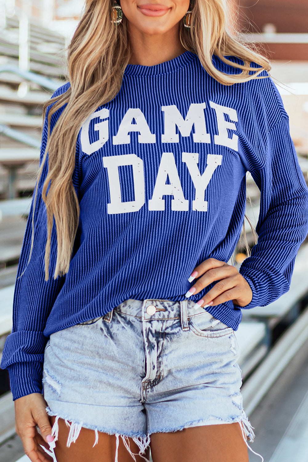 Dark Grey Corded Game Day Graphic Long Sleeve Top