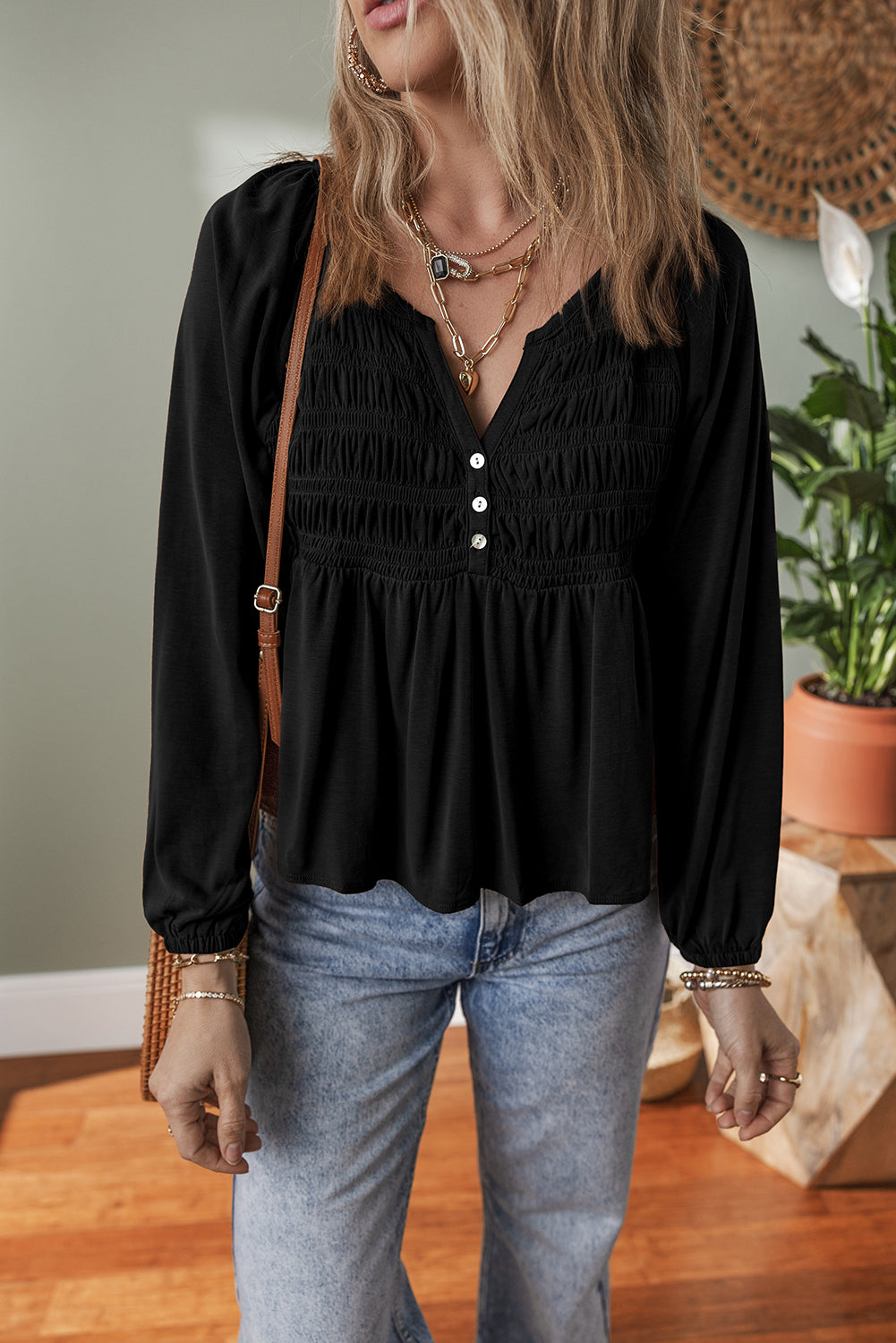 Cinnamon Smocked Bust Buttoned Split V Neck Flow Fit Blouse