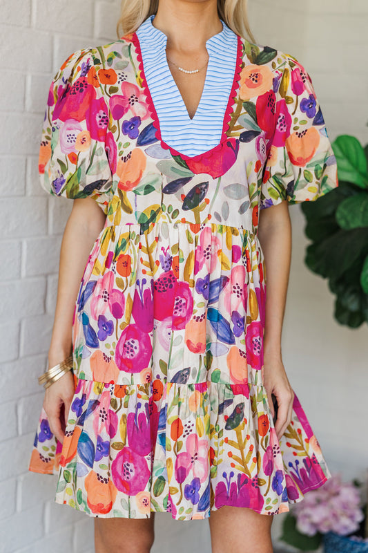 Easter Floral Ricrac Trim V Neck Tiered Mini Dress