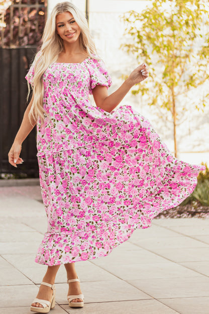 Easter Pink Floral Square Neck Puff Sleeve Maxi Dress