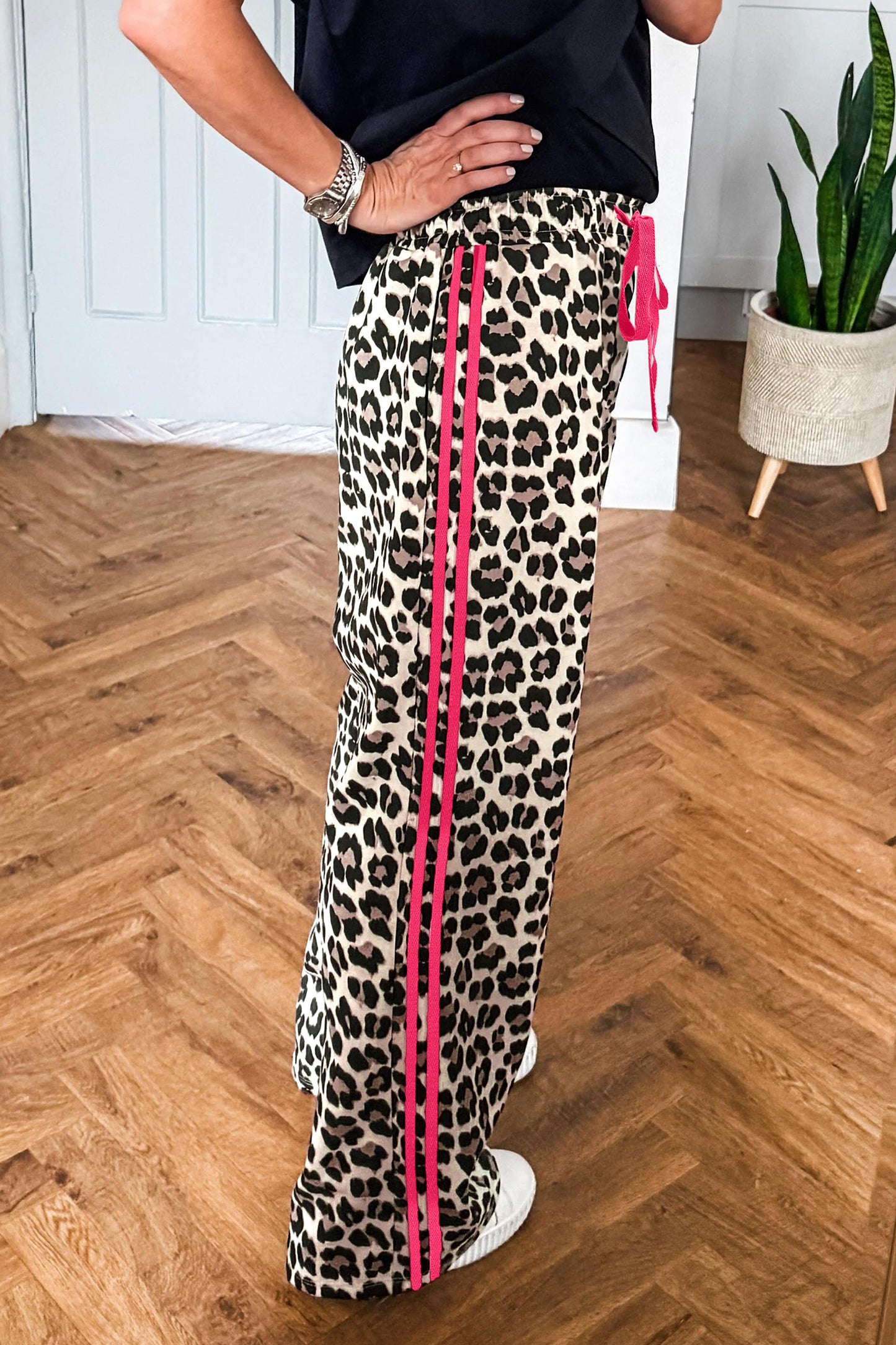 Leopard Print Tie Waist Wide Leg Lounge Pants Women