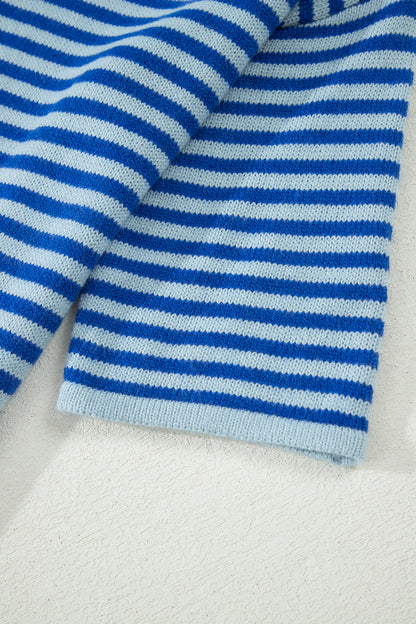 Blue Stripe Knit Cardigan Half Sleeve Button Front Sweater