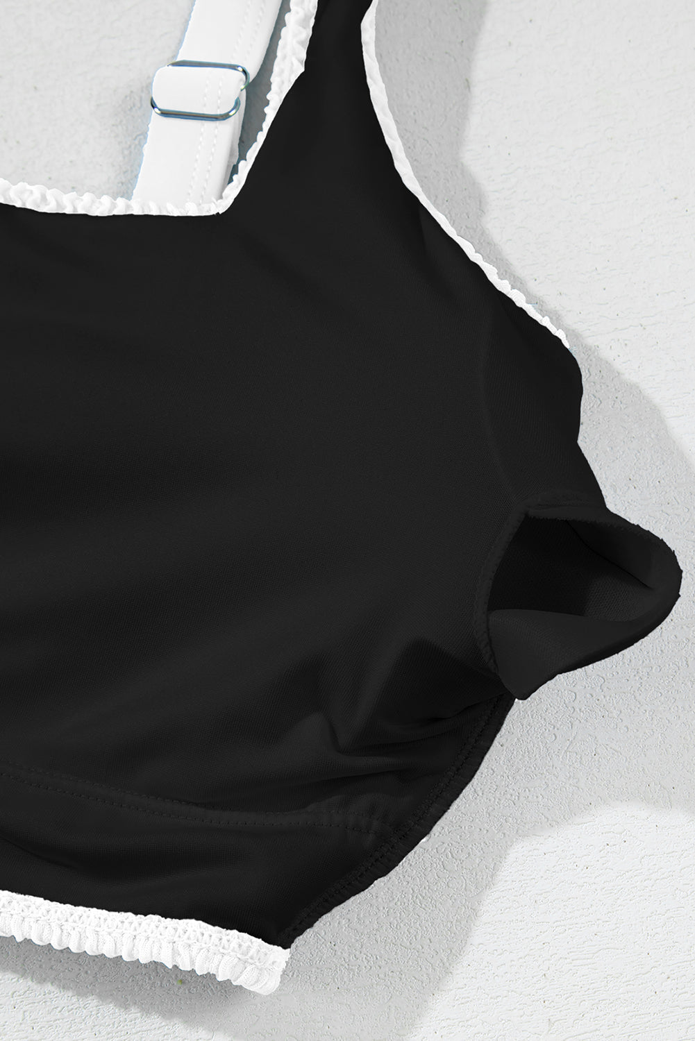 Black Corded Solid Square Neck Bikini Swimsuit