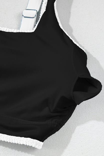 Black Corded Solid Square Neck Bikini Swimsuit