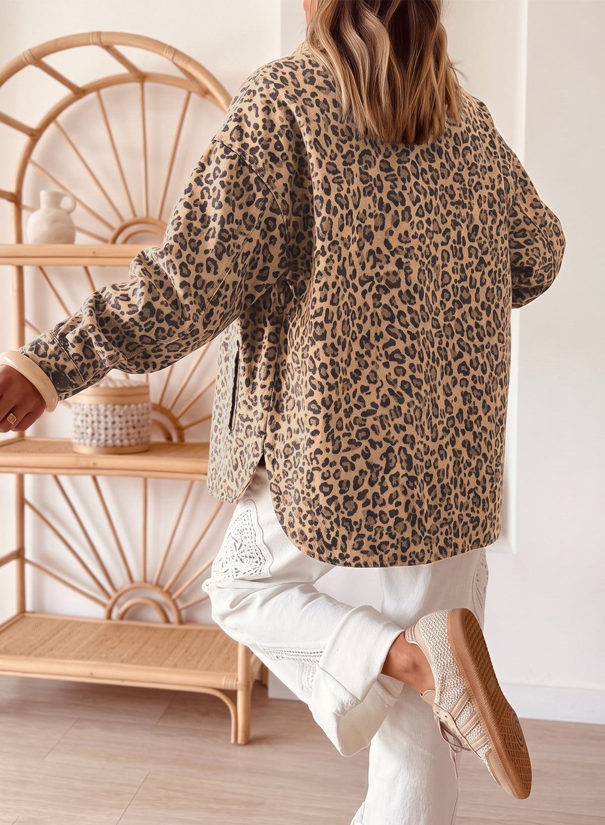 Leopard Print Denim Shacket Oversized Long Sleeve
