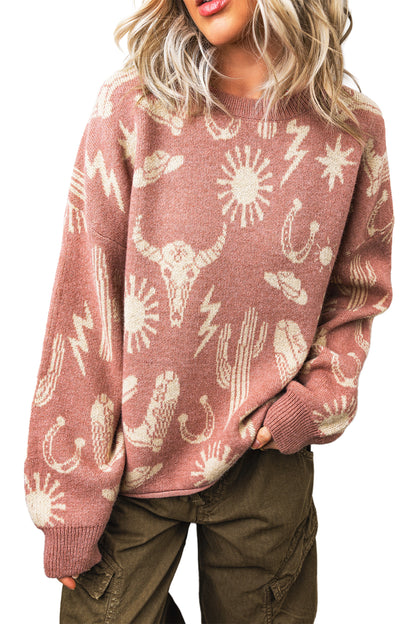 Western Celestial Print Oversized Crew Neck Sweater