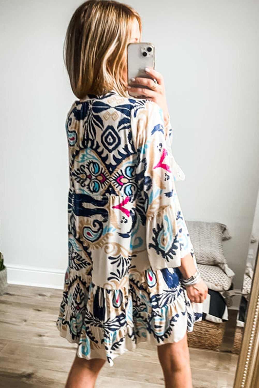 Boho Print Tiered Button Front Bell Sleeve Mini Dress