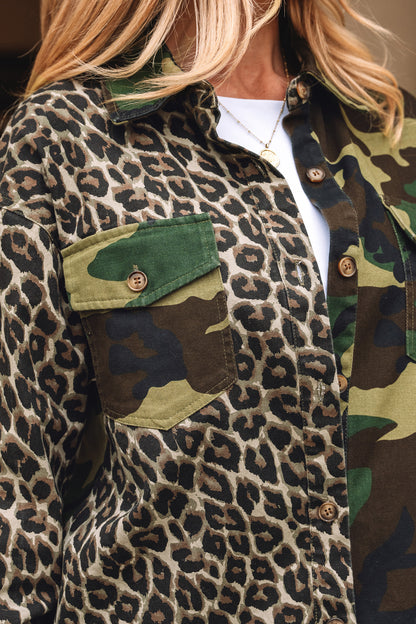 Leopard and Camo Patchwork Button Down Oversized Shacket