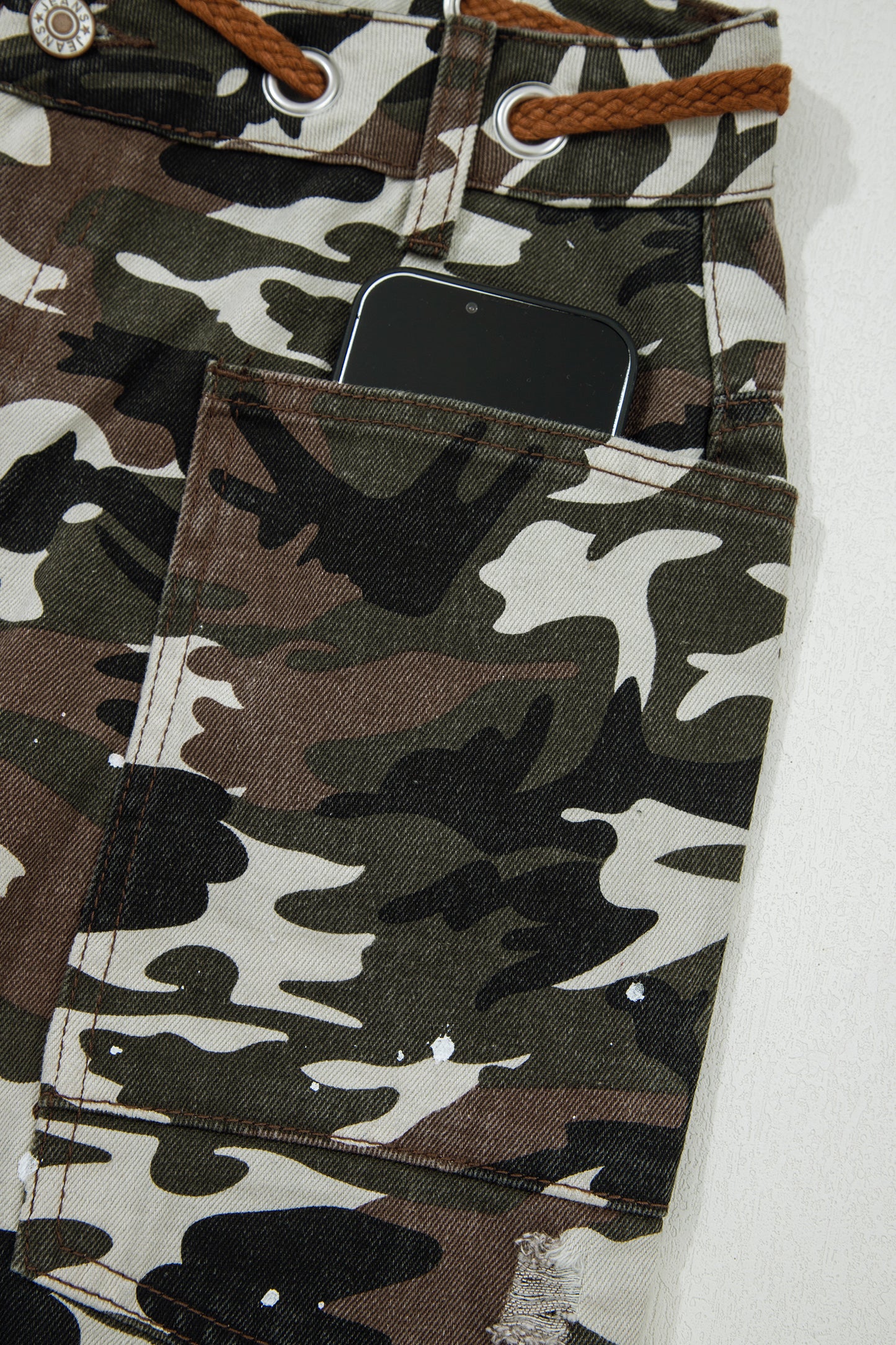 Green Camouflage Distressed Loose Fit Denim Pants