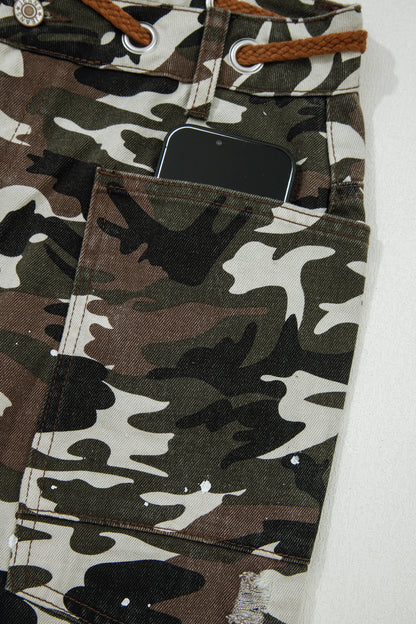 Green Camouflage Distressed Loose Fit Denim Pants