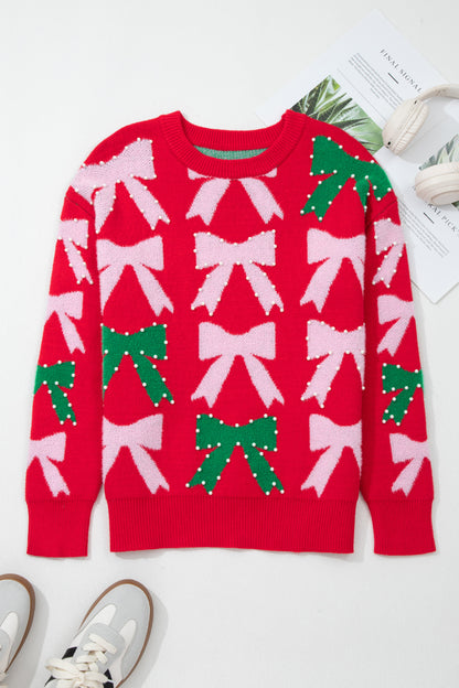 Valentine’s Day Bow Pearl Embellished Knit Sweater