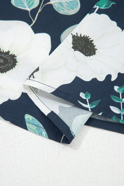 Blue Floral Print Striped Patchwork V Neck Short Sleeve Blouse