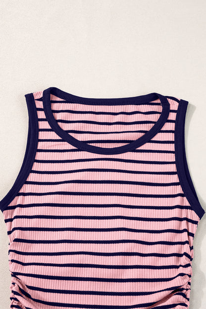 Pink Stripe Contrast Round Neck Sleeveless Slim Top