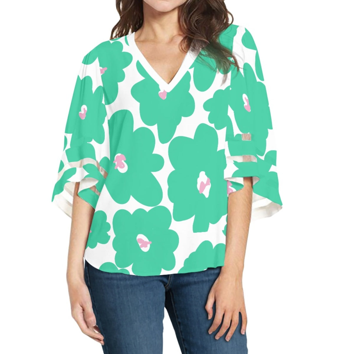 Women's White Green Lace Chiffon Top