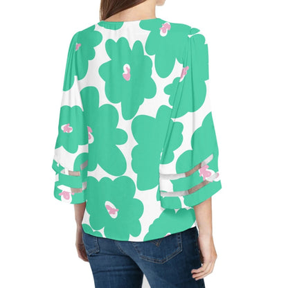 Women's White Green Lace Chiffon Top