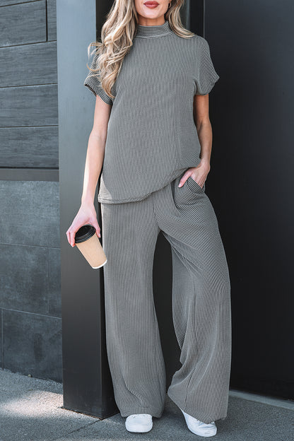Burgundy Ribbed High Neck Tee Wide Leg Pant Set
