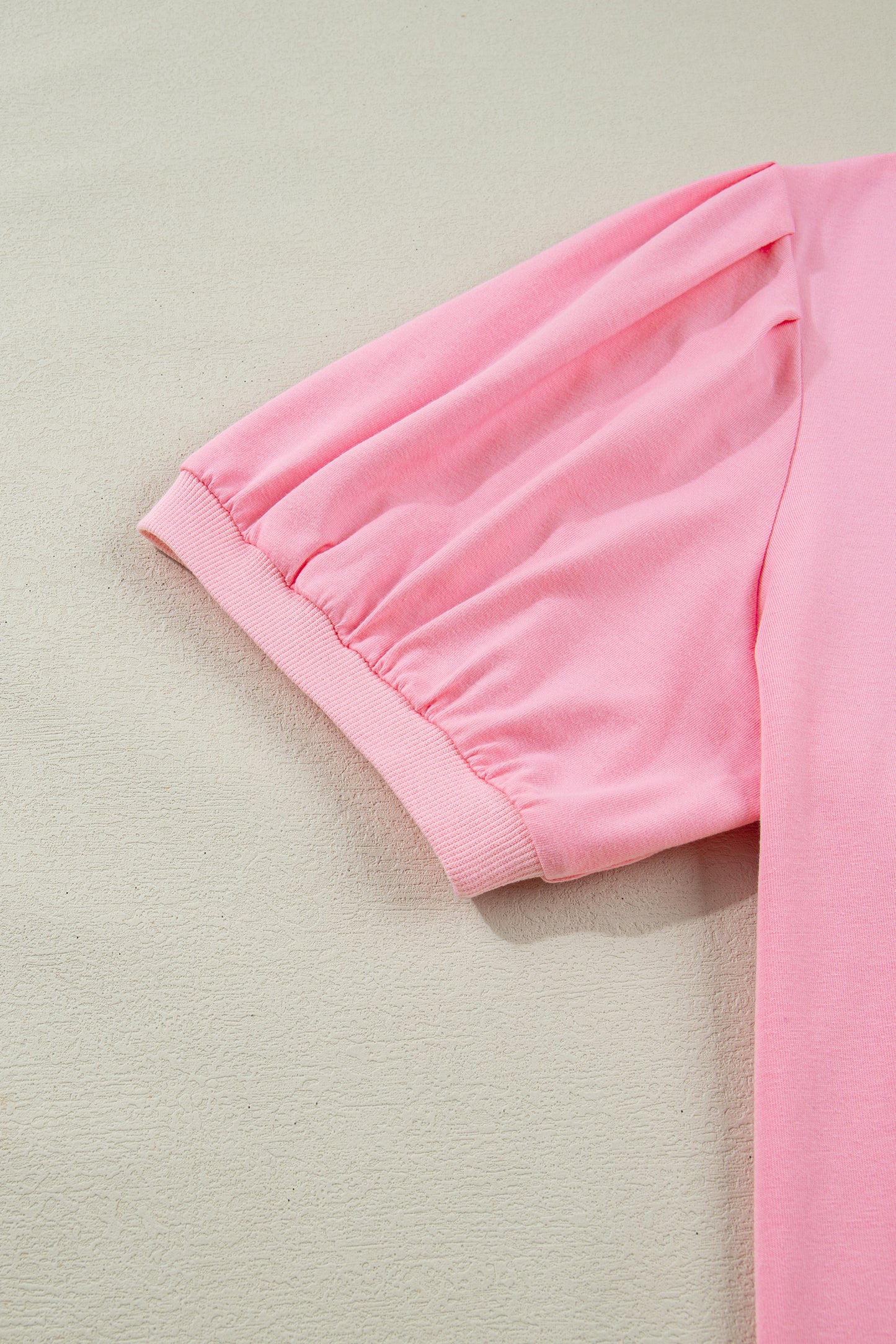 Pink V Neck Puff Sleeve Plus Size Blouse Top