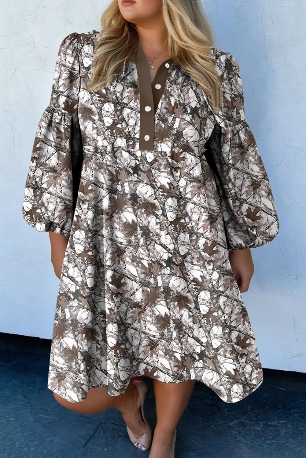 Khaki Plus Size Button V Neck Leopard Print Puff Sleeve Loose Mini Dress