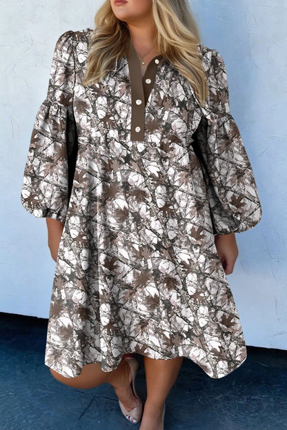 Khaki Plus Size Button V Neck Leopard Print Puff Sleeve Loose Mini Dress