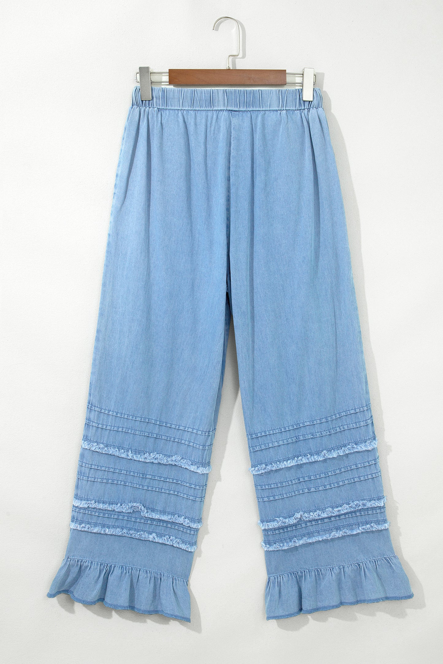 Beau Blue Ruffled Hem Wide Leg Chambray Pants