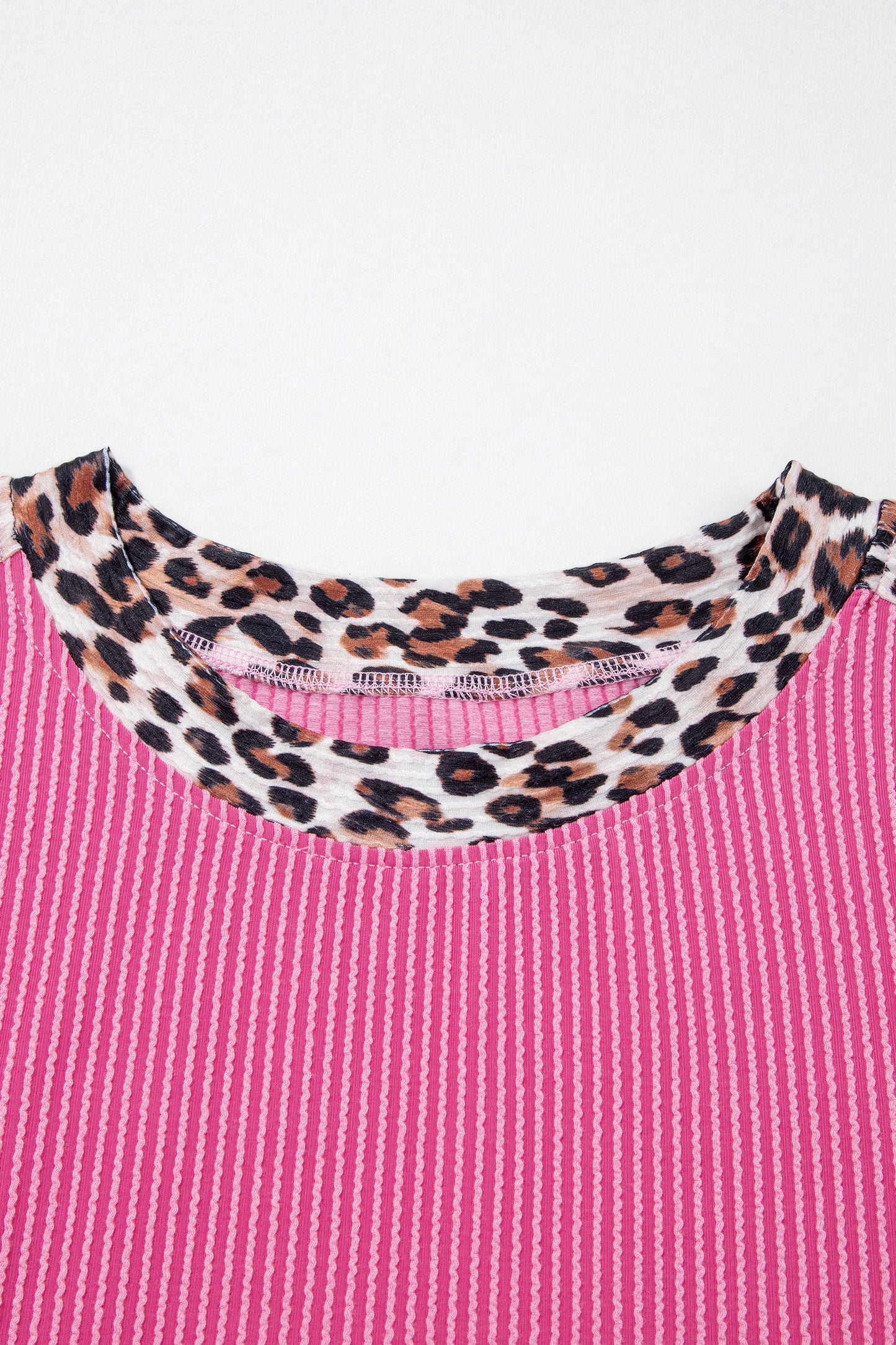 Leopard Trim Ribbed Short Sleeve Top and Shorts Set