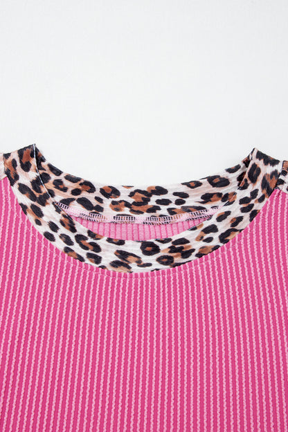 Leopard Trim Ribbed Short Sleeve Top and Shorts Set