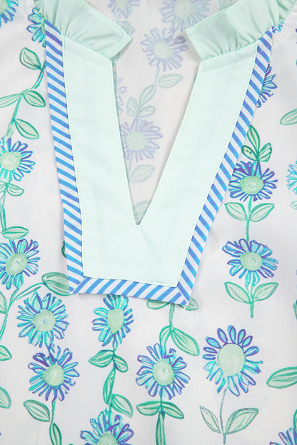 Blue Floral V Neck Short Sleeve Blouse Summer Top