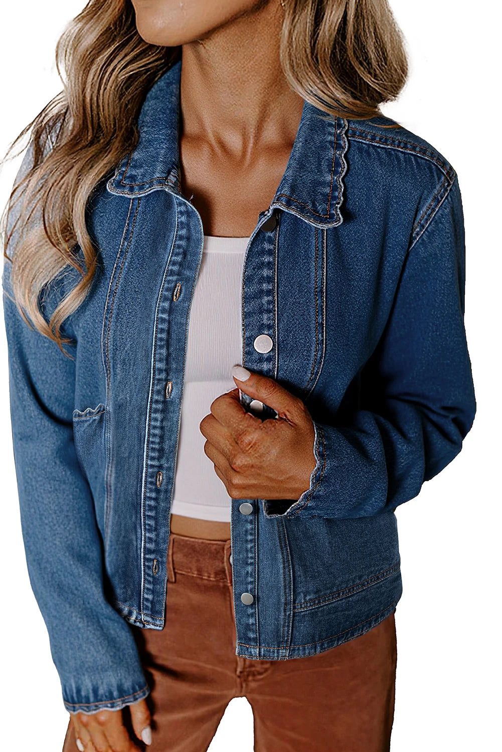 Scallop Trim Denim Jacket with Patched Pockets