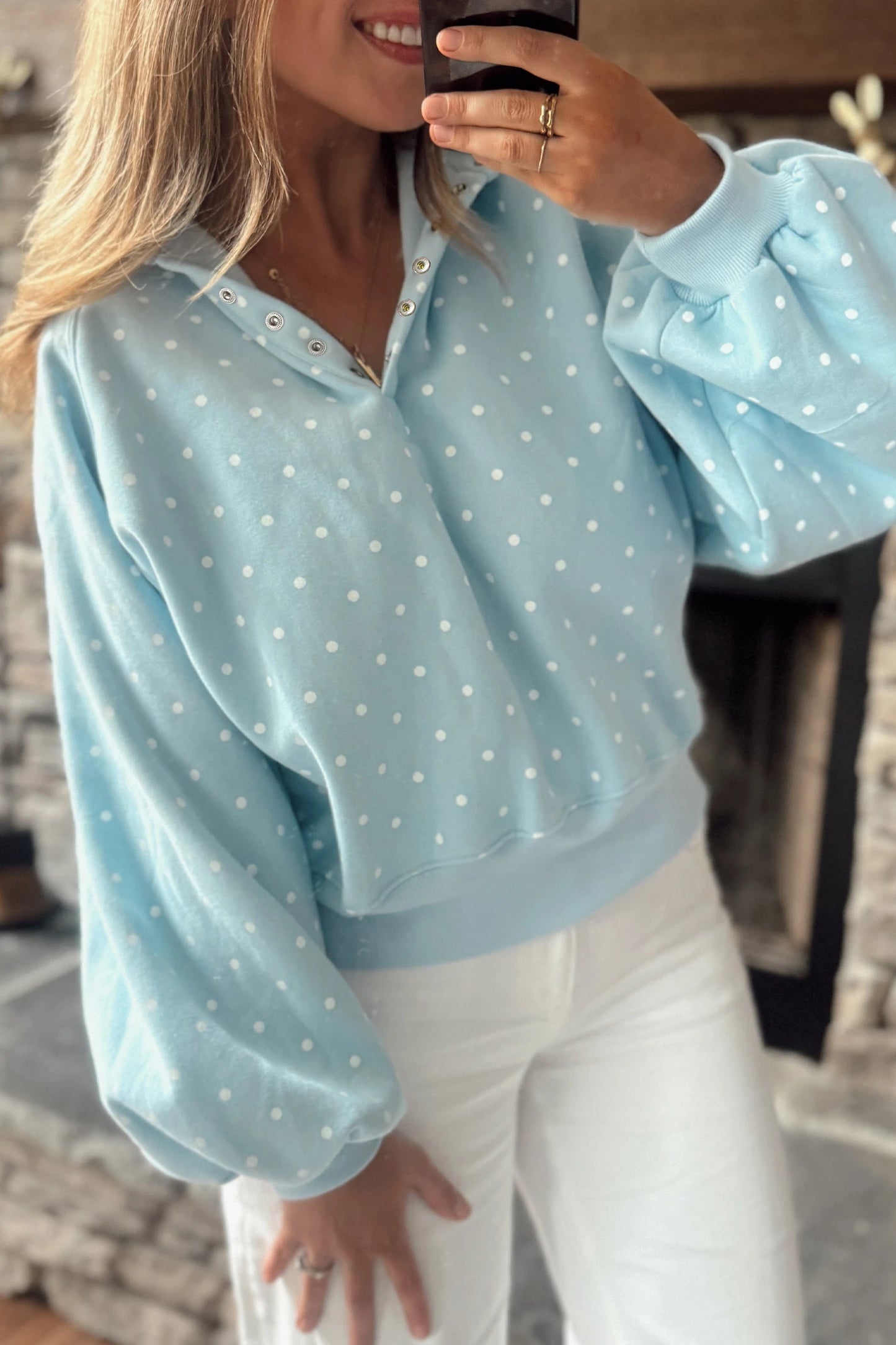 Polka Dot Button Collar Pullover Sweatshirt