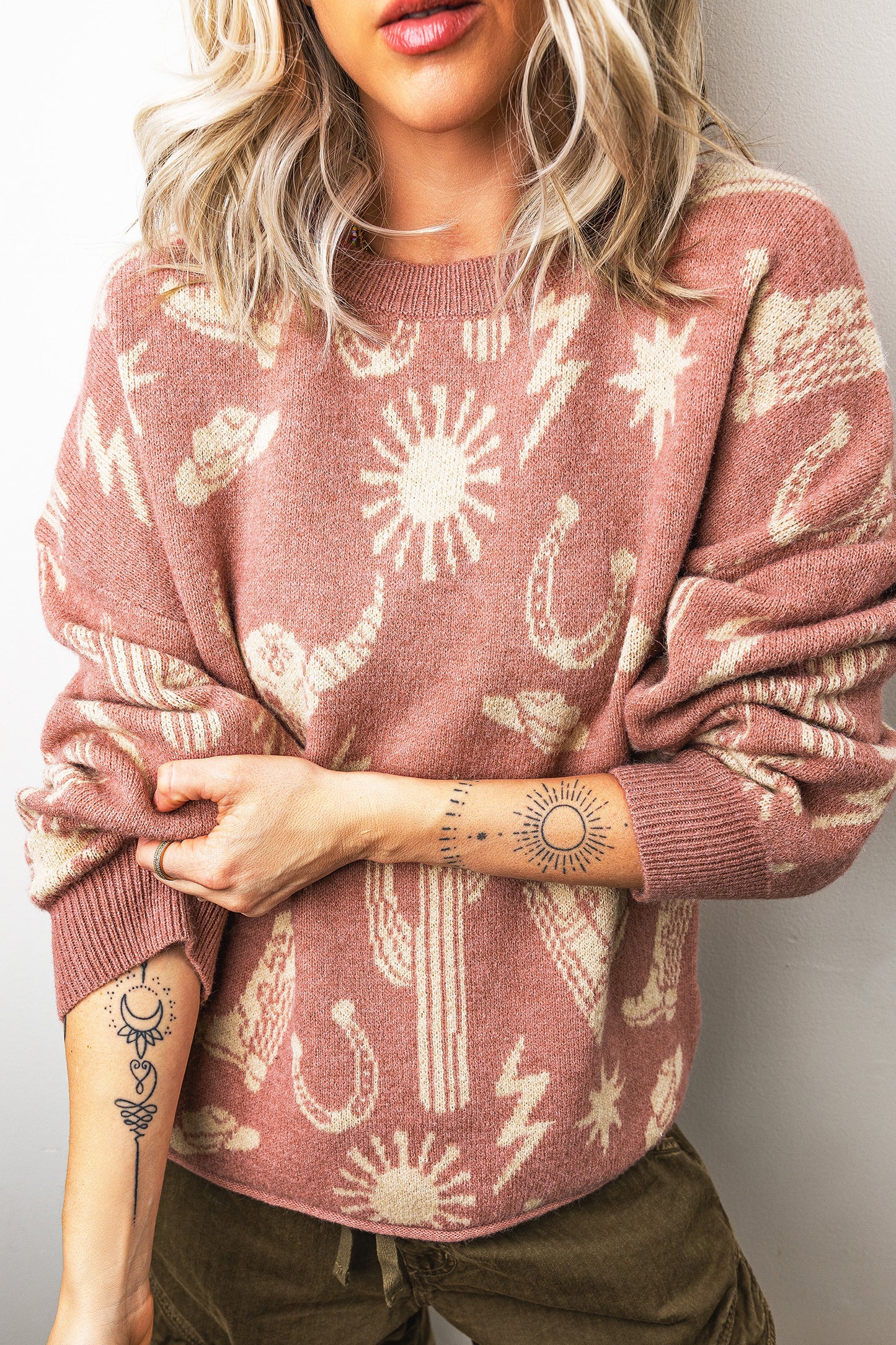 Western Celestial Print Oversized Crew Neck Sweater