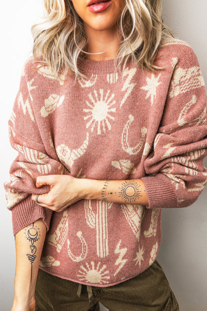 Western Celestial Print Oversized Crew Neck Sweater